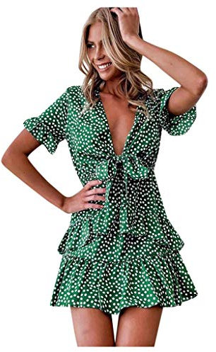 Robes Morgane Courtes à col en V et à la Mode pour Femmes Mini Robe à Volants Robes De Soirée (Green, M)