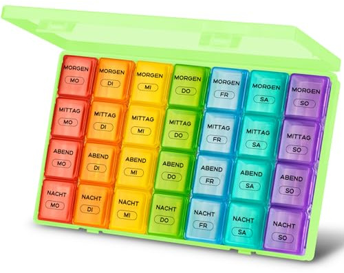mossime Tablettenbox 7 Tage Große Fächer, 4 Fächer pro Tag, BPA-frei | Medikamentenbox für morgens, mittags, abends und nachts, leicht zu öffnen, für Vitamine, Fischölkapseln und Tabletten, Grün