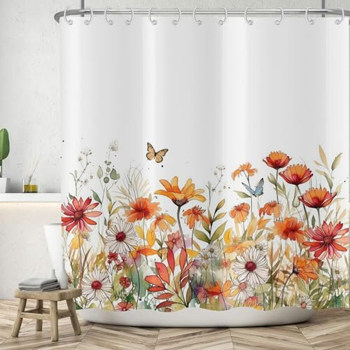 ASDCXZ Blumen Duschvorhang 90x180 cm, Frühling Rot Orange Weiß Bunt Blumen Grün Blätter Schmetterling Bad Waschbar Duschvorhänge Polyester Textil Wasserdicht Badevorhang für Badewanne mit 6 Haken