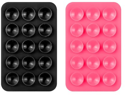Silicone Suction Cup Phone Holders, 2PC Double Sided Suction Holder Back of Phone Case Adhesive Mount, Multipurpose Rectangle Suction Phone Cup Mat for Shower Mirror Car Mobile Phones(Rose Red, Black)