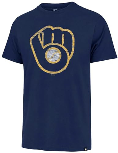 47 MLB Herren-T-Shirt, Grau, Team-Aufdruck im Used-Look, Baseball-T-Shirt mit Primär-Logo, Wordmark, Milwaukee Brewers, L