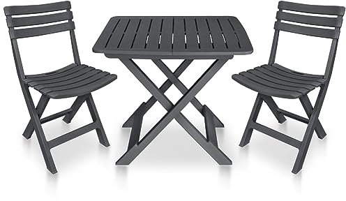 Rantry Casa Bistro-Set 3-teilig, zusammenklappbar, aus Kunststoff, Anthrazit, Gartenmöbel-Set, Tisch und Stühle für den Außenbereich, Gartenmöbel-Set
