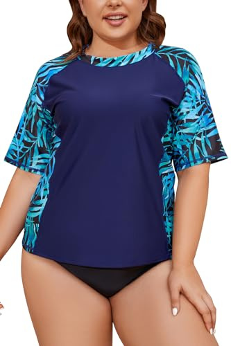 SHEKINI Womens Short Sleeve Rash Guard Tops Sun Protection Beach Swim Shirts for Women Quick Dry Lightweight Printed Swimming Tops Plus Size