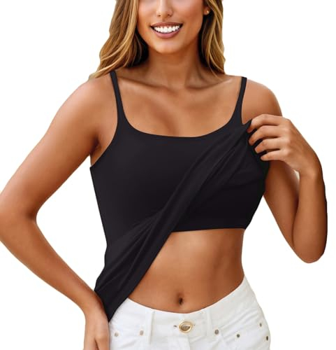 KONG JIMFAN Top Mit Integriertem BH Tanktop Spaghettiträger Sport BH Mit Polster Baumwolle Ohne Bügel Funktionsunterwäsche Damen Sommer(Schwarz,M)