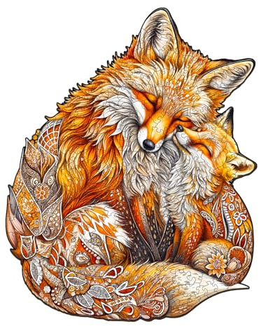 KAAYEE Holzpuzzle Erwachsene, Puzzle Holz Fuchsfamilie, Wooden Puzzle Unregelmäßige Einzigartige Form Puzzleteile, Holzpuzzle Tierform, Holz Puzzle Mit Geschenkbox Aus Holz