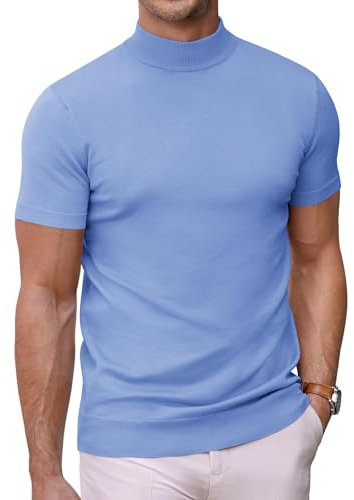 COOFANDY High Neck T Shirts for Men Short Sleeve Mock Turtle T-Shirt Men's Summer Casual Roll Neck Tops Clear Blue XL