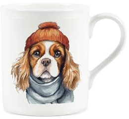 Purely Home Cavalier King Charles Spaniel Mug - Novelty Winter Hat & Scarf Dog Gift Small Bone China White Mug - Tea/Coffee Present for Dog Lovers
