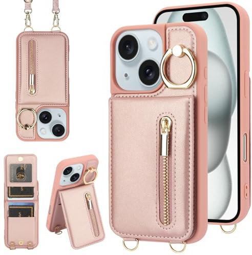 Jcxtrombulous Hülle für iPhone 13/14 Hülle Stoßfeste Handyhülle mit Verstellbarer Halskette RFID Reißverschluss Geldbörse Etui mit Kartenfach mit Band Ring Ständer Case für Frauen-Roségold
