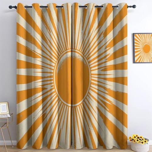 Vorhänge Blickdichte mit Ösen Gardinen 2er Set Retro-Sonnenlinien Verdunkelungsvorhang Gold Weiß Thermovorhang Ösenvorhang Schiebevorhänge für Schlafzimmer Wohnzimmer B 200 x H 245 cm