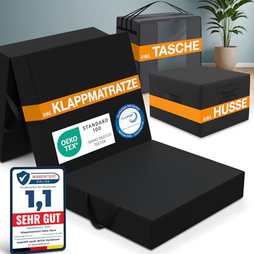 ELONEO Klappmatratze 75x195 cm schwarz inkl. Transporttasche und Husse schwarz, extra dick 15 cm, Oeko TEX Zertifiziert, 3-teilige Faltmatratze, Gästematratze klappbar, Bodenmatratze