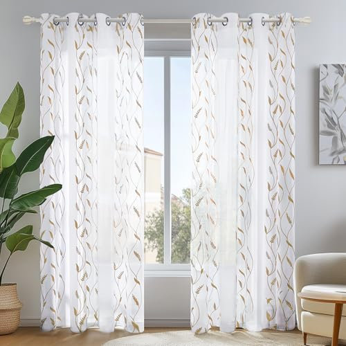 Deconovo Tende per Interni Moderne Ricamate con Anelli 140x290 cm, Tende Trasparenti Eleganti in Voile per Finestre di Camera da Letto e Soggiorno, Set da 2 Pezzi, Lino