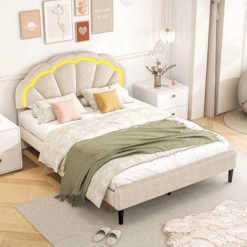COSTWAY 4FT6 Double/5FT King Size Bed Frame with LED Lights and Adjustable Petal Headboard, Velvet Upholstered Platform Bed Frame, Wooden Slat Support Bed Base Mattress Foundation (Beige, King-5FT)