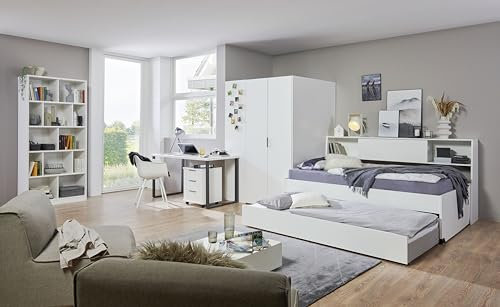 Jugendzimmer Norderney – Kinder- und Jugendzimmer in Weiß oder Weiß und Viking Oak mit großartigem begehbarem Kleiderschrank - Verschiedene Set Varianten (7 teilig in Weiß)
