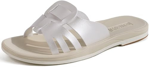 ONCAI Sandali Donna Estive Comode Moda Piatti Eleganti Ciabatte Donne Antiscivolo Gomma Suole Casual Estate 2025 Spiaggia Casa Bianco Perlato Taglia 36