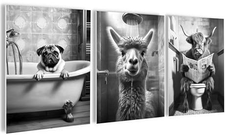 artissimo, Bilderset 3er-Set, PE6751-DS, 3 Bilder 30x40cm, moderne Bilderwand, Wandbilder-Set, Deko fürs Bad, Badezimmerbilder, lustige Bilder fürs Bad, schwarz weiß, Alpaka/Hochlandrind/Mops