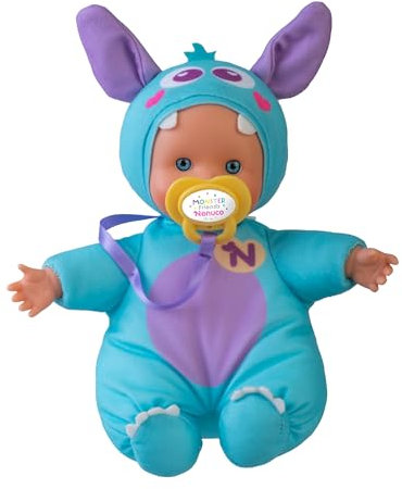 Nenuco Monster Friends Blue, Mini Baby Monster Puppen von 15 cm, Weicher Körper und Kleid mit einem Pastellblauen Design, Personalisiertes Schnuller, Sammle die Modelle, Famosa (NFNB1300)