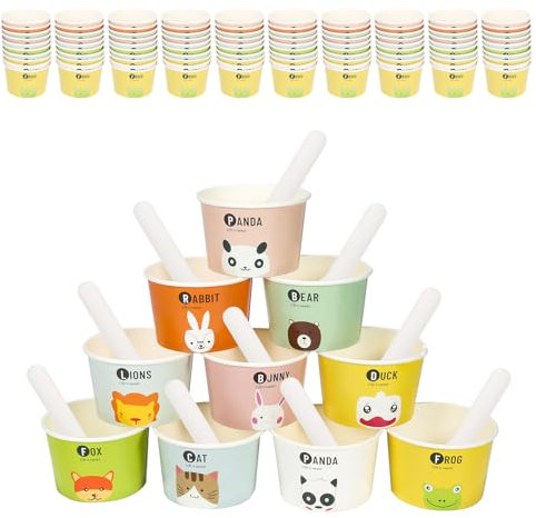 Yanghad Vasos de papel,Vasos para helados y postres 180 ml,Cuencos para helado de cartón，cartón desechable cuencos helado, postre 10 Imágenes de animales (100)