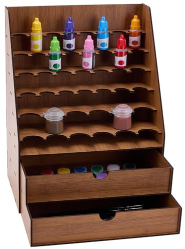 PH PandaHall Wooden Paint Rack Organizer, Tabletop Paint Holder Storage Stand with 42 Holes Pigment Ink Bottle Storage Display Hobby Art Craft Tool Rack with 2 Cabinets for Miniature Paints Set
