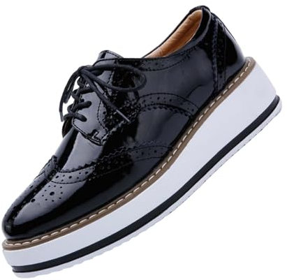 Zapatos Oxford de plataforma para mujer, clásicos, gruesos, de cuero, con punta redonda, con cordones, zapatos de vestir, transpirables, cómodos, brillantes, Black, 38.5 EU