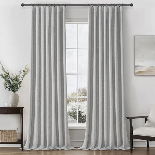 Graue Leinen-Vorhänge, 100% verdunkelnd, 308 cm lang, 2-teiliges Set für Kinderzimmer, Jungenzimmer, Landhausstil, plissiert, Deckenvorhang, mit Stangentasche, Fenstervorhänge, schwere thermische
