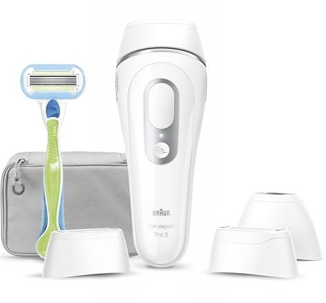 Braun IPL Silk·expert Pro 3 – IPL Geräte Haarentfernung für Frauen, Dauerhafte und Schmerzfreie Haarentfernung für Zuhause, inkl. Aufbewahrungstasche, Venus Rasierer, 3 Aufsätze – PL3222, Weiß, Silber
