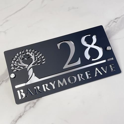 Targa per la casa personalizzabile, con caratteri moderni, in acrilico, con indirizzo, tagliata al laser, resistente alle intemperie, per casa, cancello o parete (nero opaco e specchio argento)