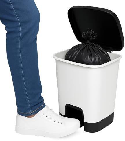 TECHZOCO Cubo basura plástico, Cubo basura apertura pedal, Papelera de pedal, cubo de Pedal, Basura para oficina, Libre BPA, 45 cm alto x 38 cm ancho x 32 cm fondo, Capacidad 27 Litros, Blanco/Negro