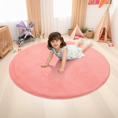 BYBYME 3cm Dicke Faltbare Krabbelmatte Baby, Ø120cm Spielmatte mit Rutschfester Unterseite, Weiche Bodenmatte aus Memory-Schaum für Babys, Kinder & Kleinkinder, Ideal für Wohnzimmer & Yoga, Rosa