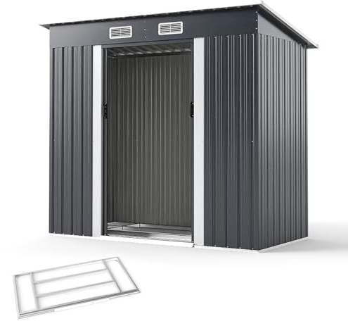 GOPLUS Geräteschuppen 213 x 112 x 185 cm, Gartenhaus Metall, Gerätehaus mit Satteldach, Schiebetüren & Luftventile, Gartenschuppen Gartenhütte für Garten, Hinterhof & Terrasse, inkl. Handschuhe, Grau
