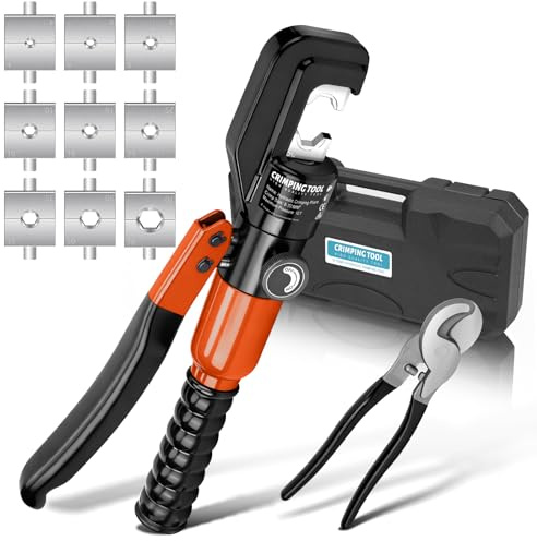 Hydraulische Crimpzange Presszange mit Kabelschere | 9 Sätzen der Crimpformen 4-70 mm² für Kabelarbeiten, Autoreparatur, Drahtgitter-Leitplanken Orange