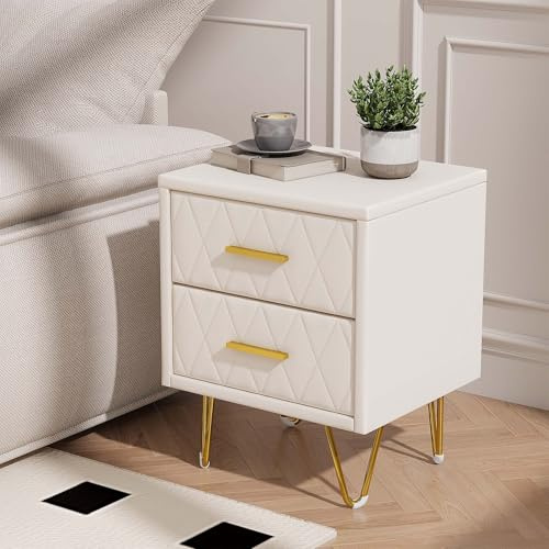 HYNHXBP Ensemble de 2 Tables de Chevet, Table de Chevet rembourrée avec Deux tiroirs et Rangement, Convient pour Salon, Chambre, Bureau, 40 x 30 x 52 cm, Pieds Beige et doré (PU Beige)