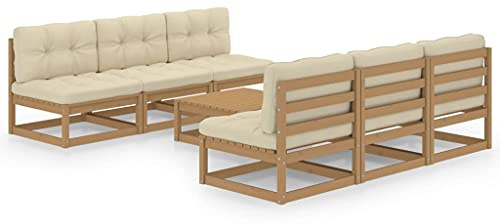 QJBSAVVA 7-TLG. Kiefern-Holz-Garten-Set honigbraun, 70 cm Tisch, Balkon-Lounge mit Creme-Kissen