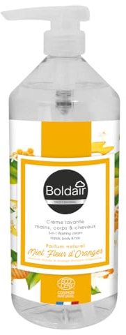 BOLDAIR Crème Lavante 3 en 1 - Mains Corps & Cheveux - Écocert - Parfum Naturel Miel & Fleur d’Oranger - 1L