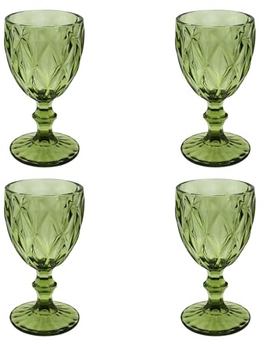Elvida Interiors Wine Glass Embossed Vintage Goblets Alfresco Dining Glassware Layja Green Set of 4