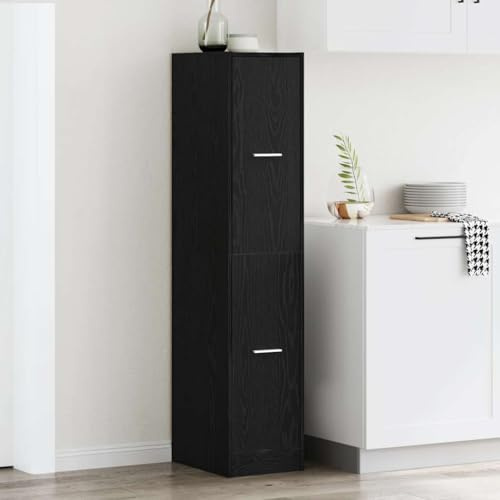 Kaloriko Apothekerschrank Schwarzeiche 30 x 41 x 144,5 cm Holzwerkstoff mit 4 Schubladen, Mehrzweck Sideboard für Wohnzimmer Küche Büro, Stabiler Stauraum mit Tür und Schrank
