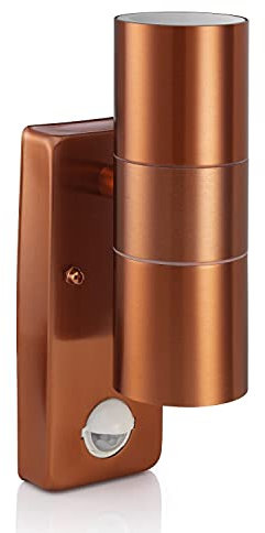 Auraglow PIR Motion Sensor Stainless Steel Up & Down Outdoor Wall Security Light - Cool White - Copper Finish
