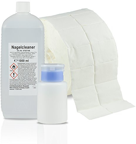 NAILS FACTORY | N&BF Nagel Cleaner Set 1000ml | Dispenser Pumpflasche | 1000 Zelletten Cellulose Pads (2 Rollen à 500 Stück) | 70% Isopropanol-Alkohol isopropylalkohol 1L | für Gelnägel | (Blau 150)