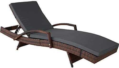 tectake® Polyrattan Sonnenliege, Gartenliege mit 5-Fach Verstellbarer Rückenlehne, wetterfest, Outdoor Relaxliege mit weicher Polsterauflage, Rattanliege für Garten, Balkon & Terrasse - schwarz/braun