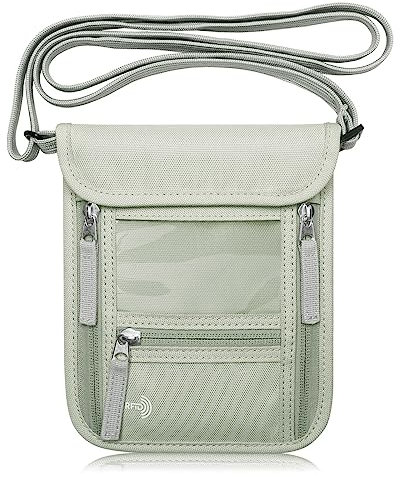 WALNEW Reisepass-Halter, Brustbeutel, Reisebrieftasche für Damen und Herren, RFID-blockierend, schmal, Reisebrieftasche mit Umhängeband, Hellgrau-Grün, Minimalistisch