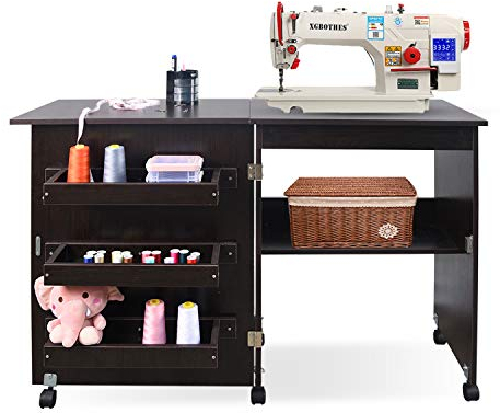 Usinso Folding Sewing Table Multifunctional Sewing Machine Cart Table Sewing Craft Cabinet Table with Storage Shelves Portable Rolling Sewing Desk Computer Desk with Lockable Casters(Dark Brown)