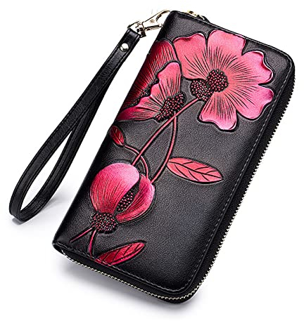 FORRICA Portefeuille Femme Cuir Grande Capacite Porte Monnaie Porte-chéquiers Porte-Cartes Dessin PU Cuir RFID Blocage Portefeuille Dames Long Portefeuille Rouge