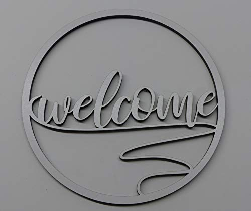 Welcome Schild Deko weiß Geschenk Deko Holz HDF ca 19 cm Wanddeko Türschild Hängeschild mit Lederband Willkommen