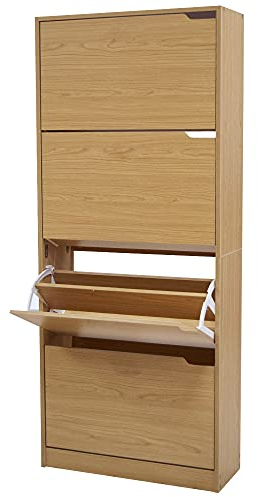 BAKAJI Scarpiera Portascarpe in Legno MDF con 4 Ante Porta Scarpe a Ribalta Maniglie a Scomparsa Doppia Profondità Dimensioni Compatte Slim 63 x 24 x 150 cm Salvaspazio Ingresso Casa (Quercia)