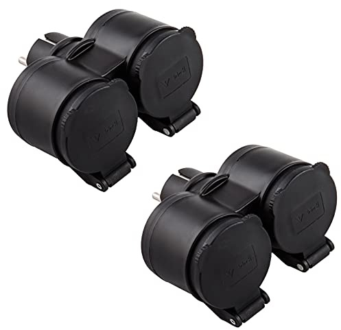 Electraline 92388 Pack 2 x Adaptador Exterior 2 enchufes Schuko, Impermeable IP44, Enchufe alemán, Enchufe Schuko de 2 plazas con Enchufe