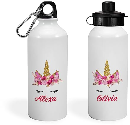 Print Maniacs Personalised Water Bottle School Sport Cap Drink White Silver 600ml or 400ml Aluminium Kid Boys Girls Biking Gift Unicorn Head (White, 400ml)
