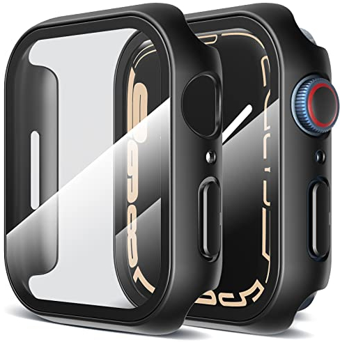 LK 2 Pezzi Cover per Apple Watch Series 7 Series 8 Series 9 41 mm, Vetro Temperato Cover Custodia per iWatch 7/8/9 41 mm, [Durezza 9H] [HD Clear][Senza Bolle] [Anti-Graffio]-black
