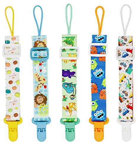 FenFang Schnullerband Baby, 5er Schnullerkette Stoff, Schnullerketten mit Clips, Schnullerband Junge Mädchen, Einstellbar Nuckelband Nuckelketten für Schnur Lätzchen Dreieckstuch Schnuller (Blau)