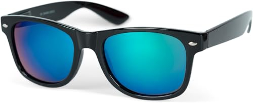 styleBREAKER Lunettes de soleil nerd unisexes avec monture en plastique et verres polarisés anti-éblouissement, style rétro 09020132, Monture noire/verre vert-bleu miroir, Taille unique