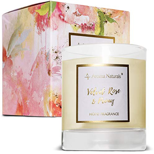 Aroma Naturals Duftkerze, 35 Stunden Brenndauer, Glas Kerze mit natürlichem Sojawachs, Geschenkverpackung (Samt Rose & Pfingstrose)