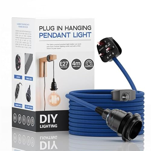 LEDSone Industrial Hanging Pendant Light with Plug in Light | E27 Suspended Lamp Holder, 4m Fabric Flexible Cable with Dimmer Switch for Ceiling Hanging Lights (Blue)